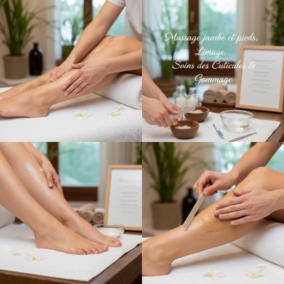 Massage jambe et pieds, limage,soins des cuticules et gommage : 45 mn