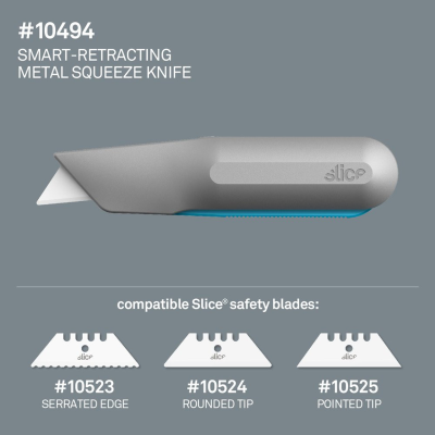 SLICE SMART RETRACT METAL SQUEEZE GRIP  SAFETY KNIFE รุ่น 10494 มีดเซฟตี้แบบกดจับ พร้อมด้ามจับโลหะและระบบคืนใบมีดอัตโนมัติ