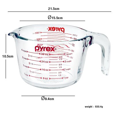 แก้วไพเร็กซ์ (Pyrex) ถ้วยตวง แก้วตวง สแกลบอกปริมาณสีแดง