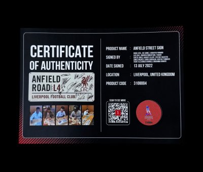 ป้าย Anfield Street Sign  พร้อมลายเซ็นสด นักเตะ Liverpool 14 คน รวมชุดแชมป์ EPL 19/20 + 24/25