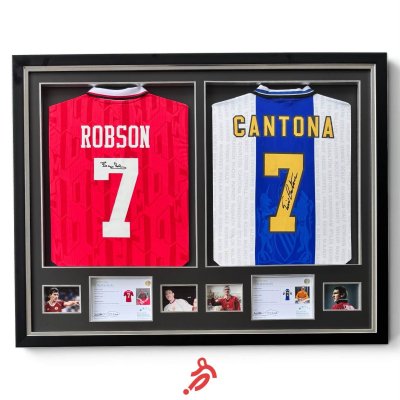 เสื้อ Manchester United Official Retro พร้อม ลายเซ็นสด Eric Cantona+Bryan Robson เข้ากรอบคู่ Exclusive Memorabilia