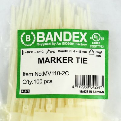 เคเบิ้ลไทร์มีป้าย สีขาว 4 3/8 นิ้ว (110 มม., 100 ชิ้น/แพ็ค) BANDEX รุ่น MV-110-2C