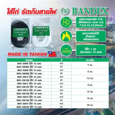 ไส้ไก่พันสายไฟ BANDEX 10 เมตร (สีขาวใส/สีดำ) รุ่น SW06