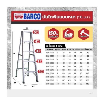 บันไดพับอลูมิเนียม 1 ทาง BARCO รุ่น B131-0002 (หนา 1.8 มม. 3-12 ฟุต)