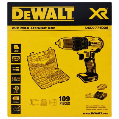 สว่านไร้สาย ไร้แปรงถ่าน DEWALT 20V Max 2.0Ah พร้อมชุดดอกสว่าน 109 ชิ้น รุ่น DCD7771D2A-B1