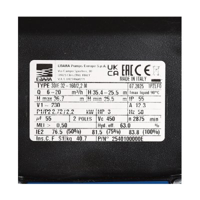 ปั๊มหอยโข่งเหล็กหล่อ ใบพัดสเตนเลส EBARA รุ่น 3D/E 32-160/2.2M (IE2)
