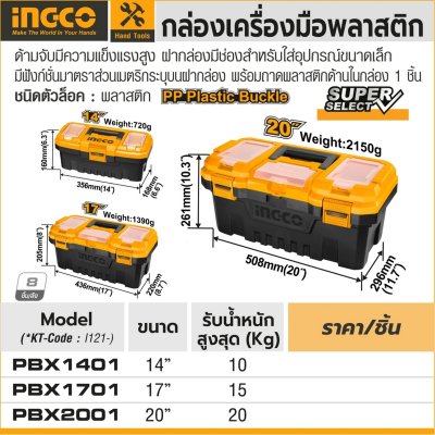 กล่องเครื่องมือพลาสติก 14 นิ้ว INGCO รุ่น PBX1401