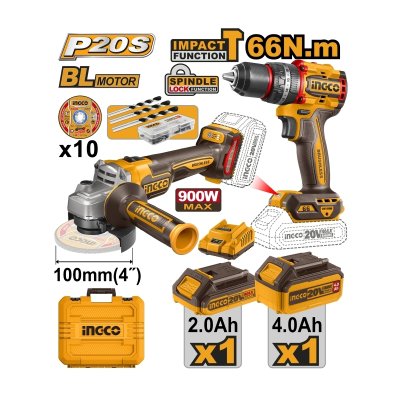 ชุดสว่านกระแทก+เจียร 4" 20V-BL INGCO รุ่น CKLI2027310 (COMBO SET)