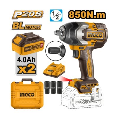 บล็อกไร้สาย ชุดแบต 4.0AH*2 INGCO 20V-BL แรงบิด 850N.M รุ่น CIWLI2085