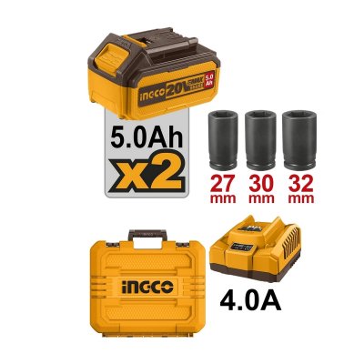 บล็อกไร้สาย ชุดแบต 5.0AH*2 INGCO 20V-BL แรงบิด 1350N.M รุ่น CIWLI20135