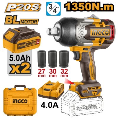 บล็อกไร้สาย ชุดแบต 5.0AH*2 INGCO 20V-BL แรงบิด 1350N.M รุ่น CIWLI20135