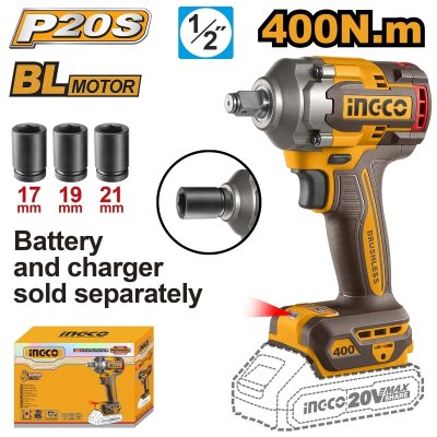 บล็อกไร้สาย เครื่องเปล่า INGCO 20V-BL แรงบิด 400N.M รุ่น CIWLI20401