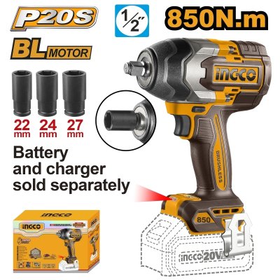 บล็อกไร้สาย เครื่องเปล่า INGCO 20V-BL แรงบิด 850N.M รุ่น CIWLI20851