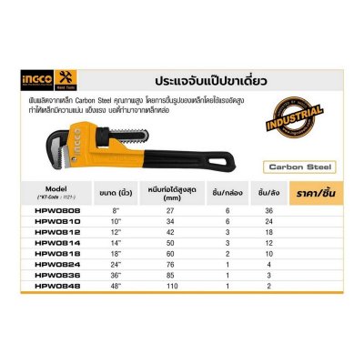 ประแจจับแป๊ปขาเดี่ยว INGCO 8 นิ้ว รุ่น HPW0808