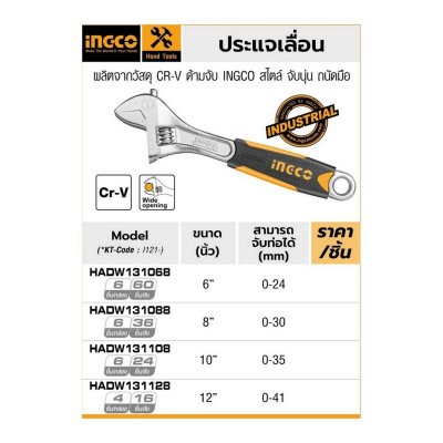 ประแจเลื่อน INGCO 6 นิ้ว-12 นิ้ว รุ่น HADW131068
