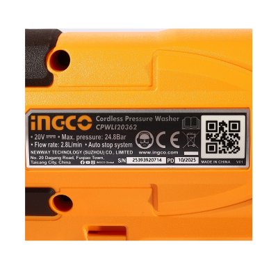 ปืนฉีดน้ำแรงดันสูงไร้สาย 20V INGCO รุ่น CPWLI20362 ชุดแบต 2.0AH