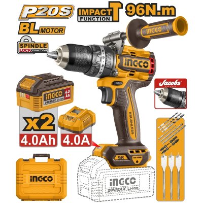 สว่านกระแทก ชุดแบต 4.0AH*2 INGCO 20V-BL แรงบิด 96N.M รุ่น CIDLI209686