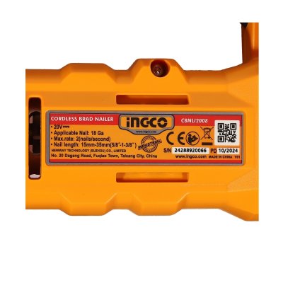 เครื่องยิงตะปูไร้สาย 20V ชุดแบต 2.0AH INGCO รุ่น CBNLI2008 (F15-F35/F15-F50)