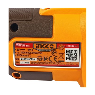 เครื่องเจียร์ไร้สาย 20V-BL 4 นิ้ว 900W ชุดแบต 4.0AH INGCO รุ่น CAGLI261021