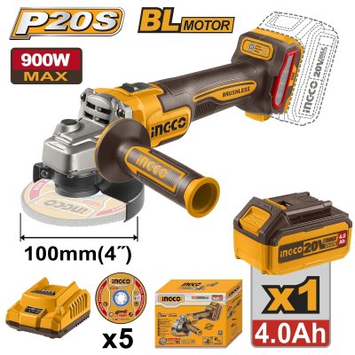 เครื่องเจียร์ไร้สาย 20V-BL 4 นิ้ว 900W ชุดแบต 4.0AH INGCO รุ่น CAGLI261021