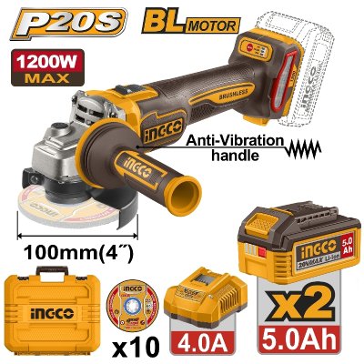 เครื่องเจียไร้สาย 20V-BL 4 นิ้ว 1200W ชุดแบต 5.0AH*2 INGCO รุ่น CAGLI2120232