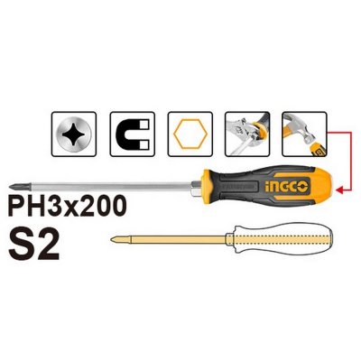 ไขควงแฉก ตอกได้ แกนหกเหลี่ยม PH3X200MM INGCO รุ่น I121-HGTS68PH3200