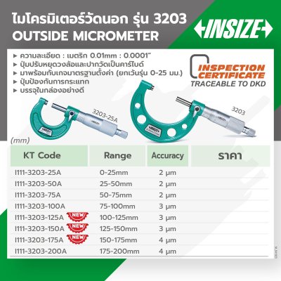 ไมโครมิเตอร์วัดนอก INSIZE 0-25MM ถึง 150-175MM (G0.01) รุ่น 3203-25A