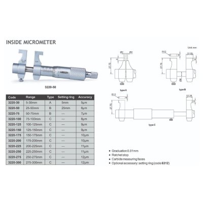 ไมโครมิเตอร์วัดใน INSIZE 25-50MM (G0.01) รุ่น 3220-50