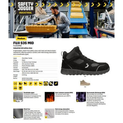รองเท้านิรภัยหุ้มข้อ SAFETY JOGGER รุ่น FUJI ระดับ S3S สีดำ ขนาด 37-46