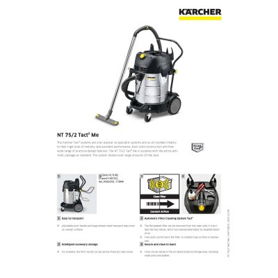 เครื่องดูดฝุ่นน้ำและแห้ง ถังสแตนเลส KARCHER รุ่น NT75/2TACT2 ME