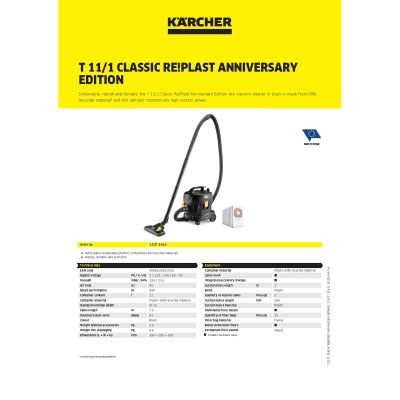 เครื่องดูดฝุ่นแบบแห้ง KARCHER รุ่น T11/1 RE!PLAST