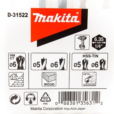ชุดดอกเจาะไม้ เหล็ก ปูน ก้านหกเหลี่ยม MAKITA รุ่น D-31522 (5 ดอก)
