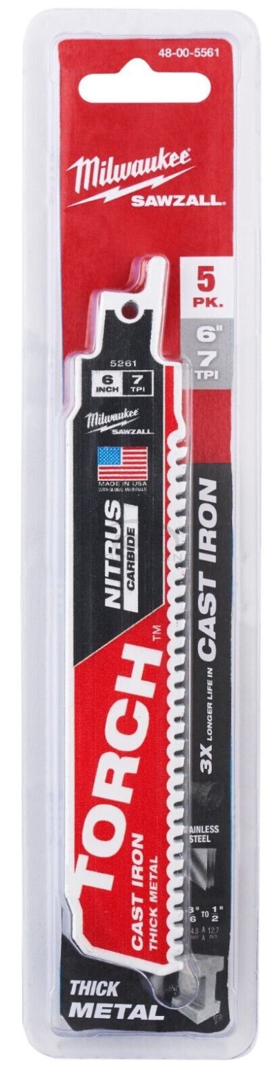 ใบเลื่อยไนตรัสคาร์ไบด์ MILWAUKEE 7TPI ยาว 6 นิ้ว (แพค 5 ชิ้น) รุ่น 48-00-5561 รุ่น TORCH