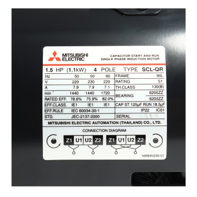 มอเตอร์เหนี่ยวนำ 1 เฟส 1.5 HP 4P 220V MITSUBISHI ELECTRIC รุ่น SCL-QR