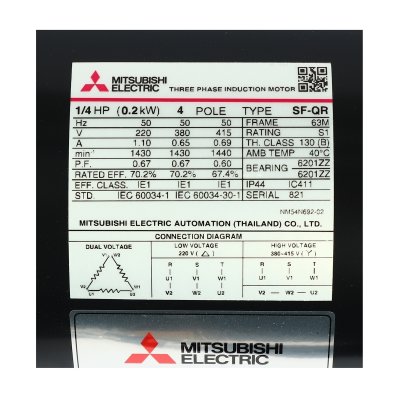 มอเตอร์เหนี่ยวนำ 3 เฟส 1/4 HP 4P 220/380V IP44 MITSUBISHI ELECTRIC รุ่น SF-QR