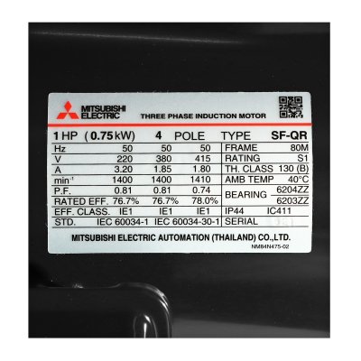 มอเตอร์เหนี่ยวนำ 3 เฟส 1 HP 4P 220/380V IP44 MITSUBISHI ELECTRIC รุ่น SF-QR