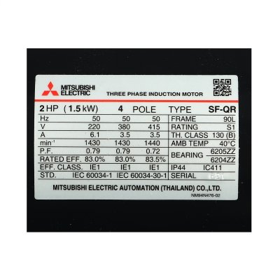 มอเตอร์เหนี่ยวนำ 3 เฟส 2 HP 4P 220/380V IP44 MITSUBISHI ELECTRIC รุ่น SF-QR