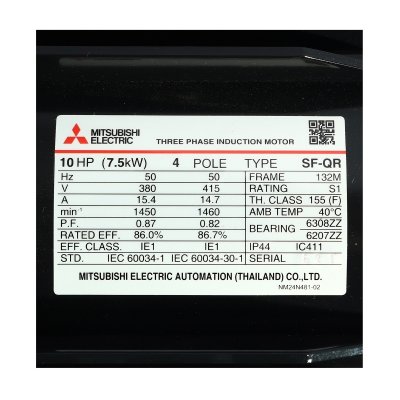 มอเตอร์เหนี่ยวนำ 3 เฟส 10 HP 4P 380/415V IP44 MITSUBISHI ELECTRIC รุ่น SF-QR