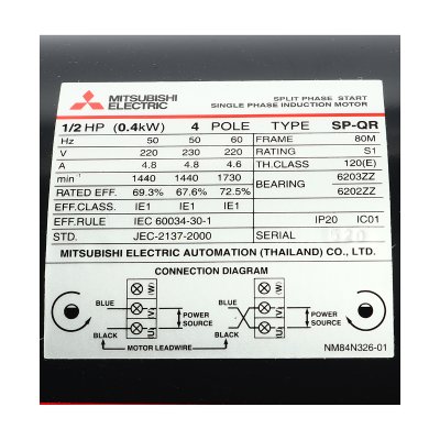 มอเตอร์เหนี่ยวนำ 1 เฟส 1/2 HP 4P 220V MITSUBISHI ELECTRIC รุ่น SP-QR
