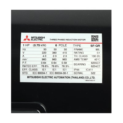 มอเตอร์เหนี่ยวนำ 1 HP IP44 220/380V 6P MITSUBISHI ELECTRIC รุ่น SF-QR