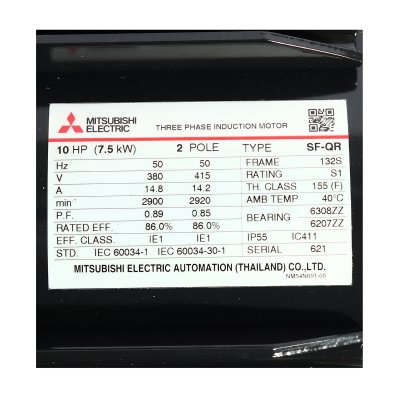 มอเตอร์เหนี่ยวนำ 10 HP IP55 380/415V 2P MITSUBISHI ELECTRIC รุ่น SF-QR