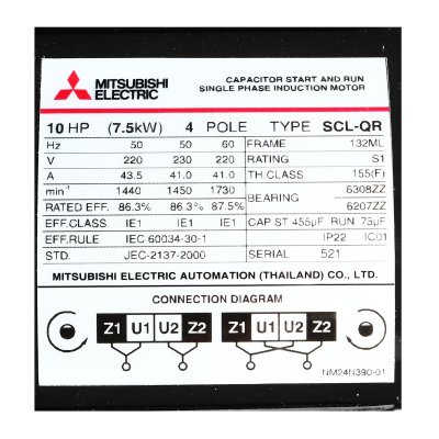 มอเตอร์เหนี่ยวนำ 1 เฟส 10 HP 4P 220V MITSUBISHI ELECTRIC รุ่น SCL-QR