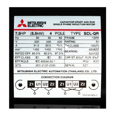 มอเตอร์เหนี่ยวนำ 1 เฟส 7.5 HP 4P 220V MITSUBISHI ELECTRIC รุ่น SCL-QR