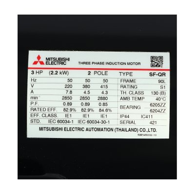 มอเตอร์เหนี่ยวนำ 3 HP IP44 220/380V 2P MITSUBISHI ELECTRIC รุ่น SF-QR