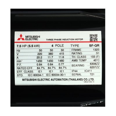มอเตอร์เหนี่ยวนำ 3 เฟส 7.5 HP 4P 220/380V MITSUBISHI ELECTRIC รุ่น SF-QR