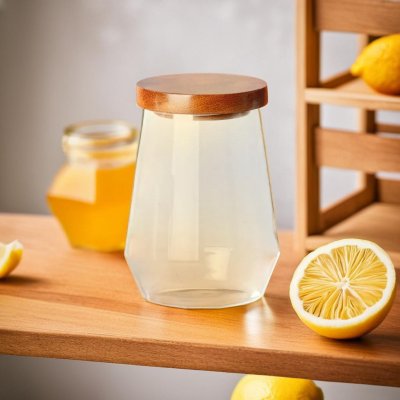 DIAMOND-SHAPED GLASS CANISTER WITH WOODEN LID (700 mL)