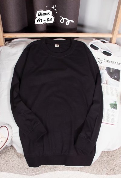เสื้อยืดคอกลมสีพื้นแขนยาว แขนจั๊ม Unisex สีดำ