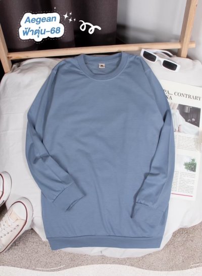 เสื้อยืดคอกลมสีพื้นแขนยาว แขนจั๊ม Unisex สีฟ้าตุ่น