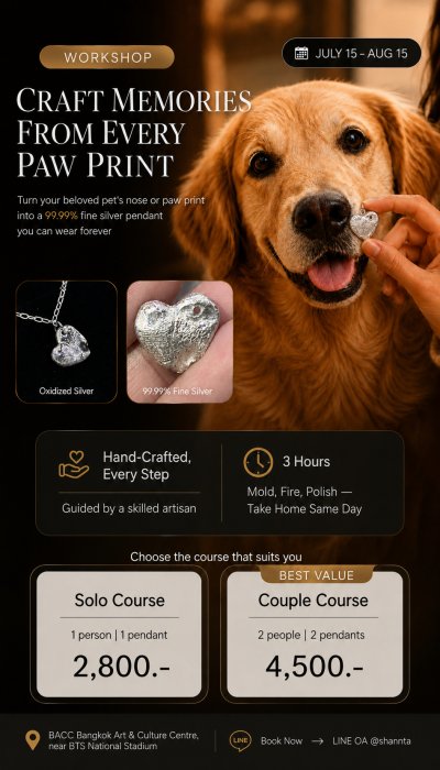 Craft Memories from Every Paw Print Workshop promotional poster featuring a Golden Retriever and custom silver pendant Shannta BACC