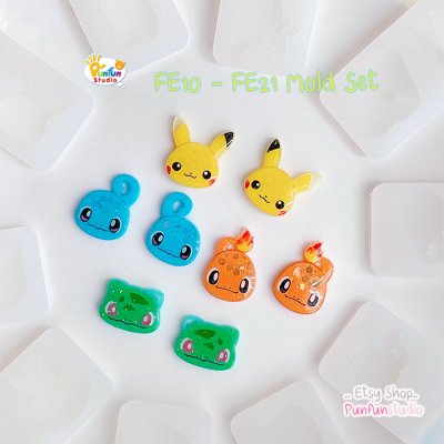 FE 10-13 Mold Set / 4 Molds / Pika Bulba Chamand Squirt / Poke Starter / Face Earring Mold / Pokemold / Silicone Mold / UV Resin Mold